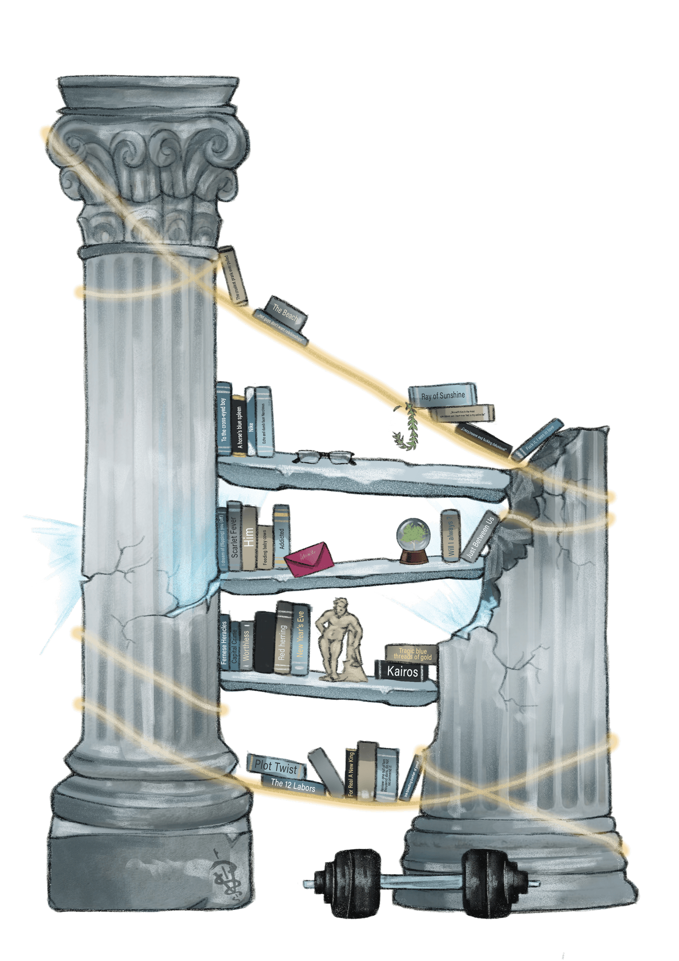 Two broken marble columns holding four shelves of books, with a golden thread running through them. A pair of glasses, a snowglobe, a pink envelope, a laurel wreath, a statue and a dumbbell sit among the books.